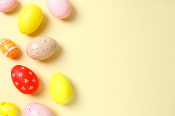 Happy Easter. Colorful eggs on color background, space for text or advertising