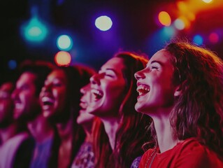 A diverse audience laughing at a stand-up comedy show, colorful stage lights in the background