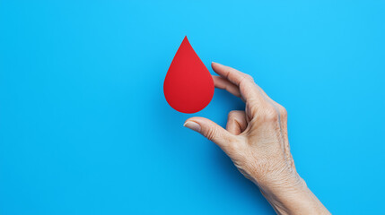 Fototapeta premium World hemophilia day concept with red blood drop symbol and elder hand on blue background with copy space.