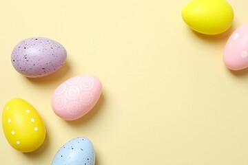 Happy Easter. Colorful eggs on color background, space for text or advertising