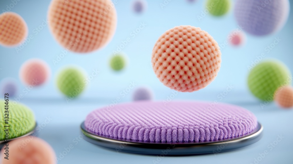 Aufkleber pastel colored textured spheres float above a purple platform against a light blue background. a 3d 