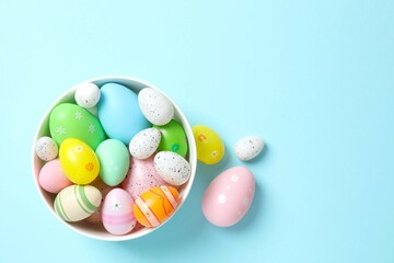 Happy Easter. Colorful eggs in a bowl on color background, space for text or advertising