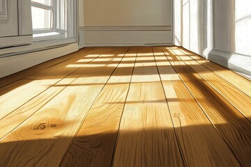 Sunlit wooden floor in a bright room. Ideal for backgrounds, home design, or real estate.
