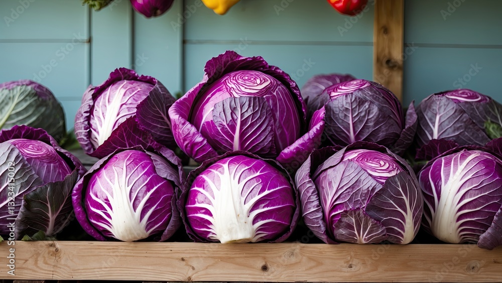 Poster freshly picked red cabbages stacked in neat rows on a wooden shelf against a soft pastel blue backgr