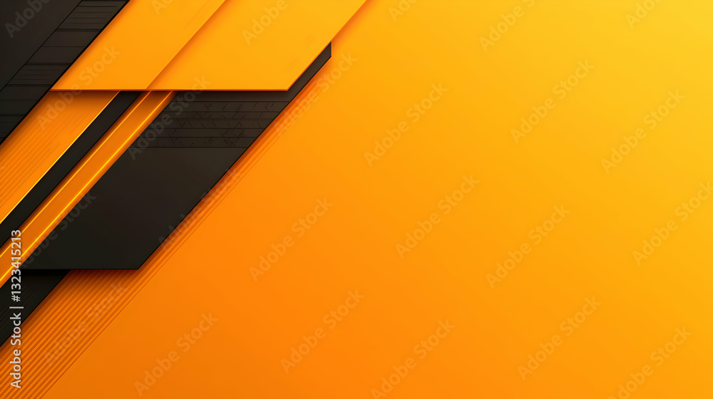 Poster geometric abstract design featuring black and orange panels on a yellow background with linear shape