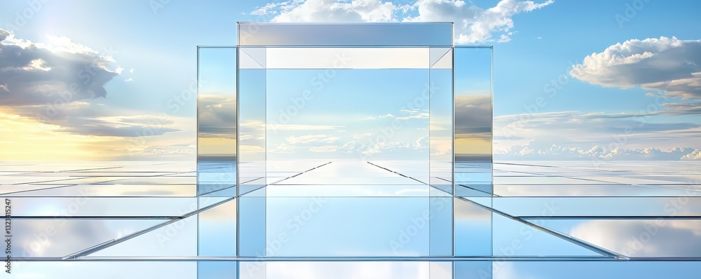 Poster a serene landscape with a transparent structure under a bright sky, reflecting light and creating a 