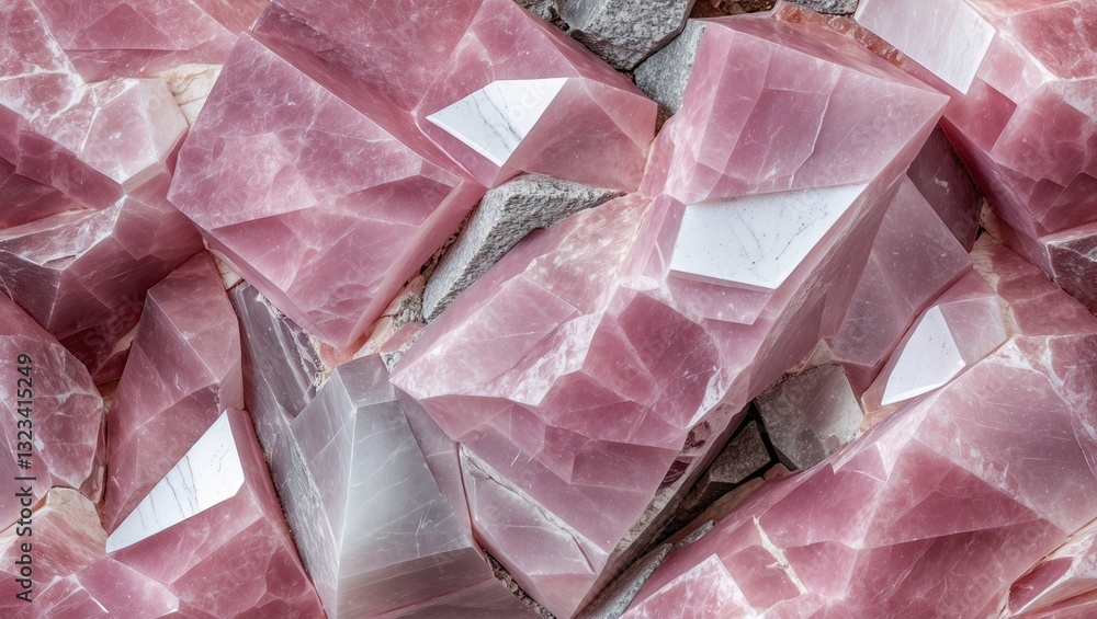 Poster translucent pink quartz crystals arranged in a random pattern showcasing facets and textures with so