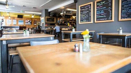 Cozy Restaurant Interior with Wooden Tables and Colorful Chalkboard Menus in a Casual Setting