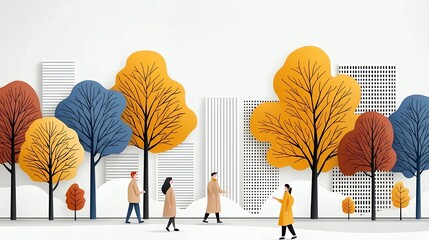 Autumnal City Scene Paper Cut Style Illustration