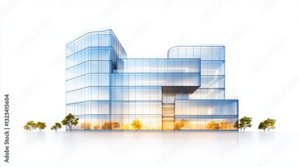 Poster a modern glass building with a sleek design, featuring multiple interconnected sections and reflecti