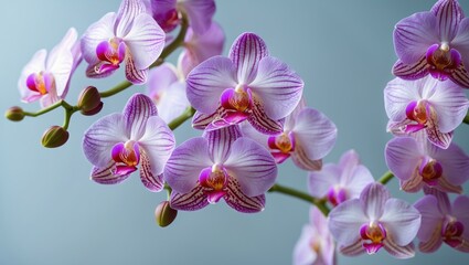 Fototapeta premium Delicate pink and white orchid blooms positioned gracefully on a soft teal background showcasing beauty and elegance in floral arrangements
