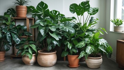 Obraz premium Lush indoor greenery featuring various potted plants in earthy tones placed near a bright window with shadows on a gray floor