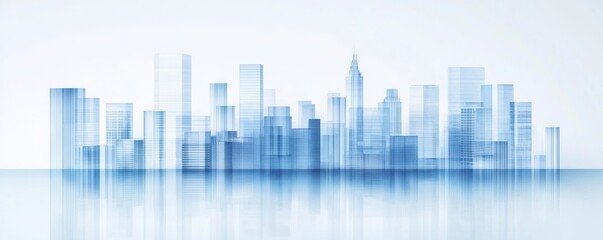 A serene, abstract depiction of a city skyline with translucent blue buildings against a soft, light background.