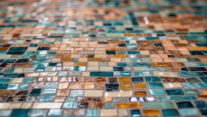 Colorful mosaic tile flooring with blue, teal, orange, and cream tiles arranged in a random pattern creating a vibrant textured background.