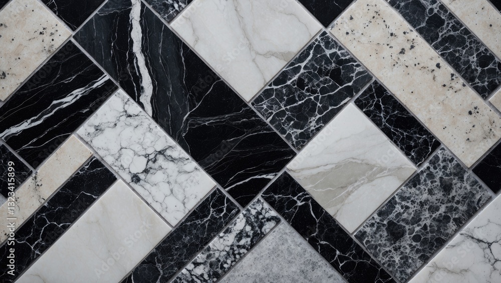 Poster black and white marble stone tile texture featuring various patterns arranged in a dynamic diagonal 