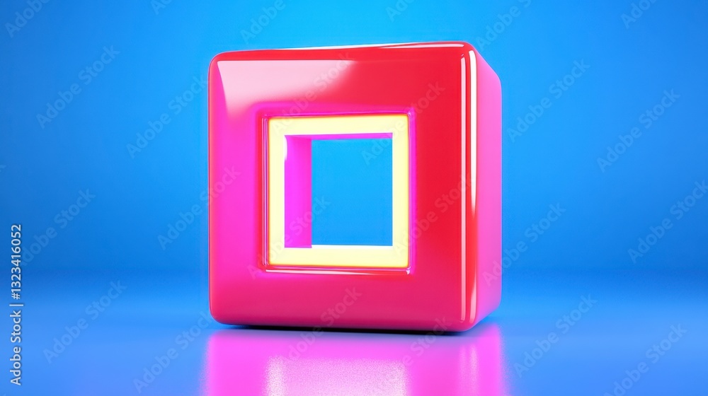 Poster red glossy cube with a yellow inner frame against a blue background. the cube is reflective and cast