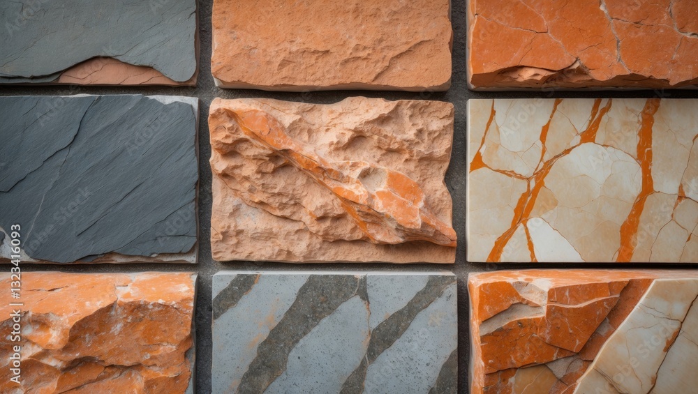 Poster textured surface of orange and gray stone tiles featuring slate, sandstone, and travertine marble ar