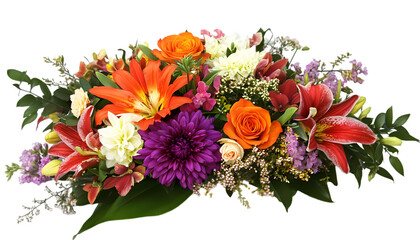 Vibrant Orange  Purple Flower Arrangement on transparent background