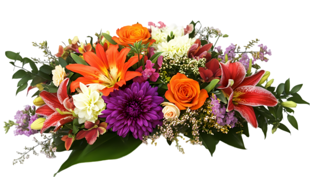 Vibrant Orange  Purple Flower Arrangement on transparent background