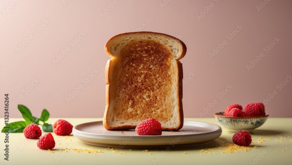 Poster toasted bread slice centered on a round plate with fresh raspberries and mint leaves in the foregrou