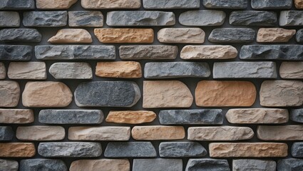 Decorative stone wall backdrop featuring randomly sized beige and gray stones arranged evenly, creating a textured surface ideal for backgrounds.