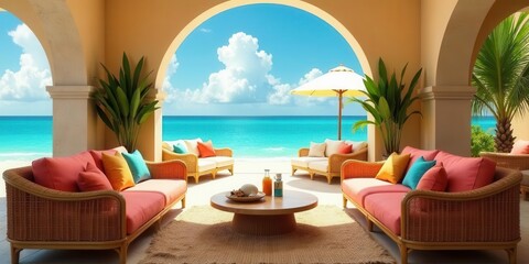 Obraz premium Serene Coastal Relaxation Wicker Sofas and Tropical Plants Frame an Ocean View
