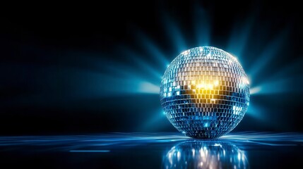 Obraz premium Glowing disco ball reflecting light on dark background, futuristic and vibrant.