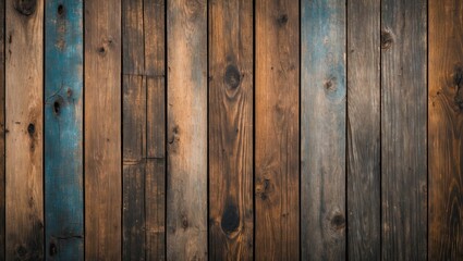 Fototapeta premium Vintage wooden planks background featuring a mix of brown and blue tones arranged vertically with a rustic, weathered texture.