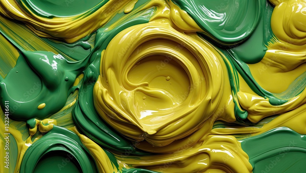 Poster close-up view of vibrant yellow and green paint swirls with smooth textures and glossy finish on a d