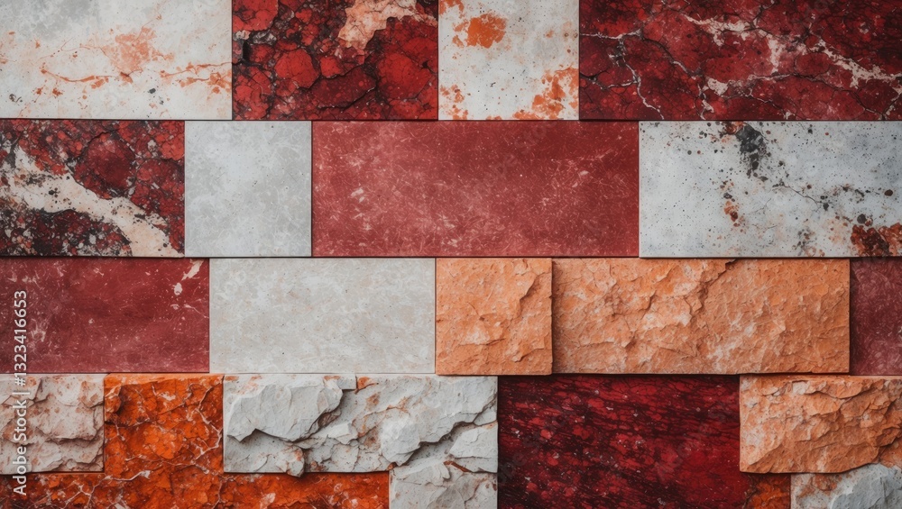 Poster abstract granite stone texture backdrop with multicolor shades of red, ocher, and white tiles arrang