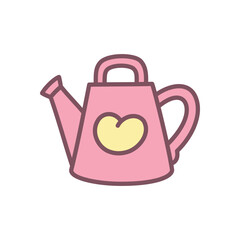 Cute watering can icon. Hand drawn illustration of a pink pot decorated with yellow heart isolated on a white background. Kawaii spring sticker. Vector 10 EPS.