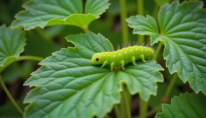 Fototapeta premium Close-up of a green caterpillar crawling on a strawberry leaf in a garden, showcasing garden pests