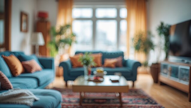 Cozy living room interior with blue sofas and orange cushions in focus against a softly blurred background of plants and large windows with curtains.