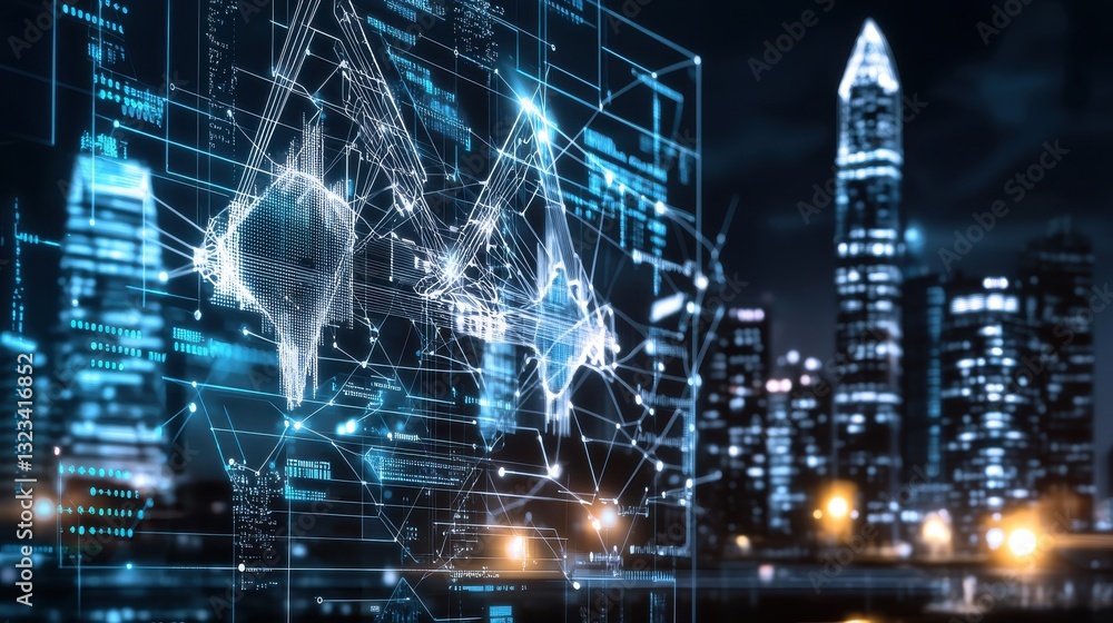Poster futuristic cityscape at night with glowing skyscrapers holographic displays and intricate digital co