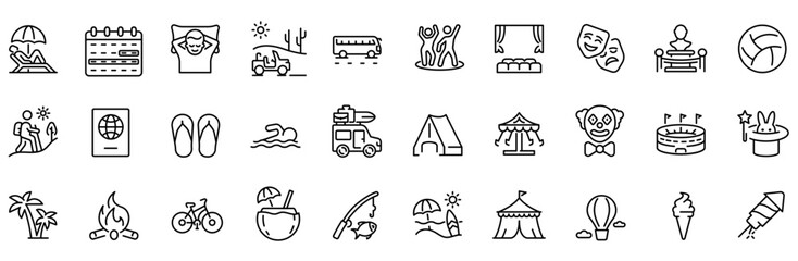 Holiday web line icons. Party, celebration, dancing, music, congrats and more. Editable stroke. Vector illustration