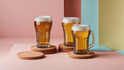 Three glass mugs of beer with frothy tops placed on round wooden cork coasters against a pastel pink and blue backdrop in a studio setting.