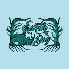 Earth Day with Animal Silhouettes and Tree Vector Vintage Abstract Artistic Style