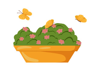 Balcony pot garden with blooming flowers and a butterflies. Vector hand drawn illustration isolated on white background for stickers, scrapbooking, print, web, icons