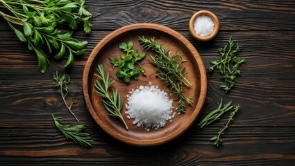 Wooden plate with coarse sea salt and fresh herbs positioned in a circular arrangement on dark wooden backdrop creating ample copyspace for text.