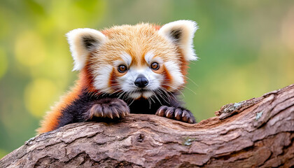 Adorable baby red panda on a branch