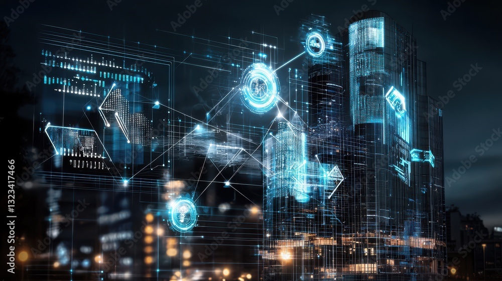 Poster a stunningly futuristic digital landscape featuring a vibrant cityscape with holographic projections
