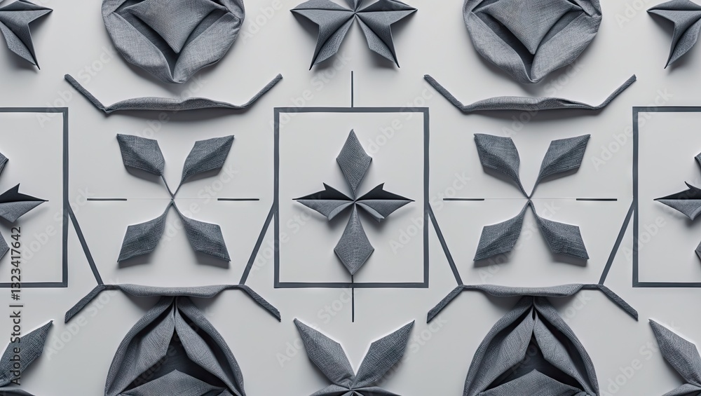 Poster grey and white textured background featuring intricate folded paper patterns in shades of grey arran
