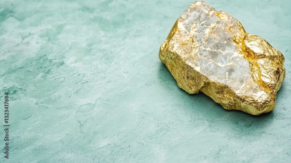 Poster gold nugget on a teal background. close up view of an irregular, rough textured gold stone with whit