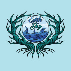 Earth Day with Wave and Tree Vector Vintage Abstract Artistic Style