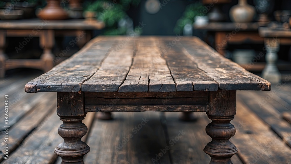 Poster rustic wooden table with weathered surface centered in the foreground, surrounded by a softly blurre