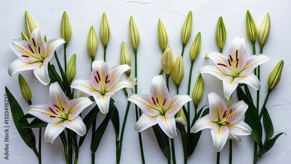 Poster elegant white lilies arranged in a row on a textured white background with green buds on both sides 