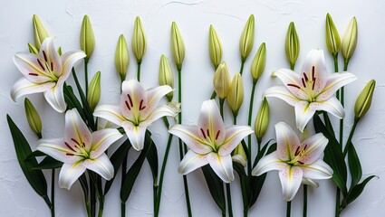 Obraz premium Elegant white lilies arranged in a row on a textured white background with green buds on both sides providing ample copy space for design.