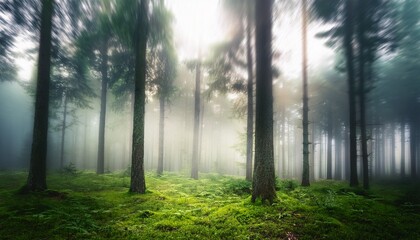 Obraz premium Abstract blurred forest background with a misty depth effect, creating a calming and atmospheric nature scene. Perfect for serene designs and nature-inspired projects.