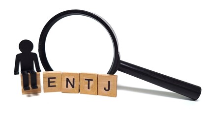 Wooden blocks spelling "ENTJ," with a small toy figure and a magnifying glass. ENTJ is one of the 16 personality types identified by the Myers-Briggs Type Indicator or MBTI.