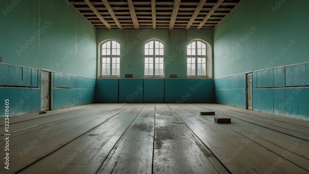 Poster spacious empty room with turquoise walls and large arched windows casting light on wooden floorboard
